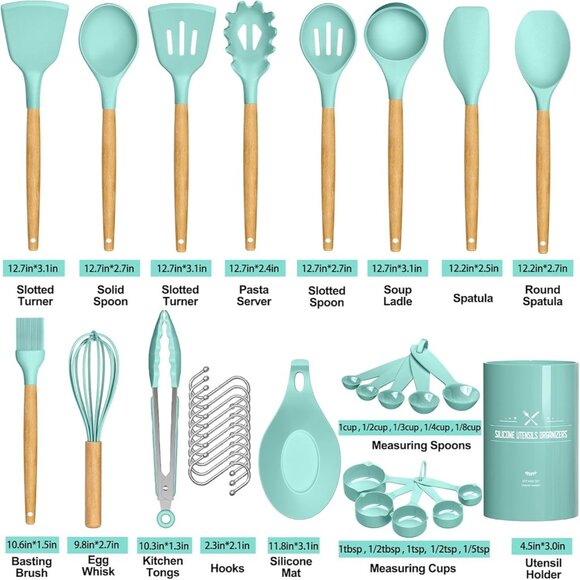 33 pcs Non-Stick Silicone Cooking Kitchen Utensil Spatula Green Set with Holder - Picture 8 of 9